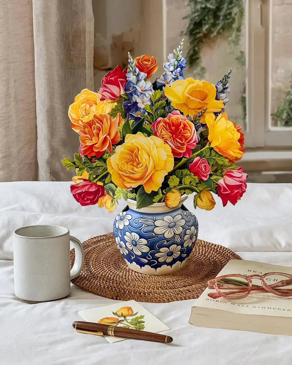 Sorbet Roses Pop-Up - fully assembled bouquet in blue vase