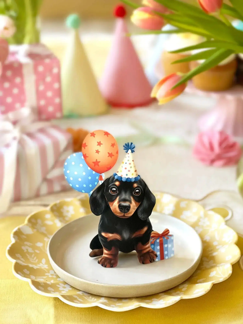 Birthday Puppy Pop-Up - dachshund with party hat on plate