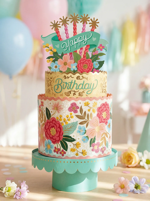 Blooming Birthday Cake Pop-Up - assembled with balloons