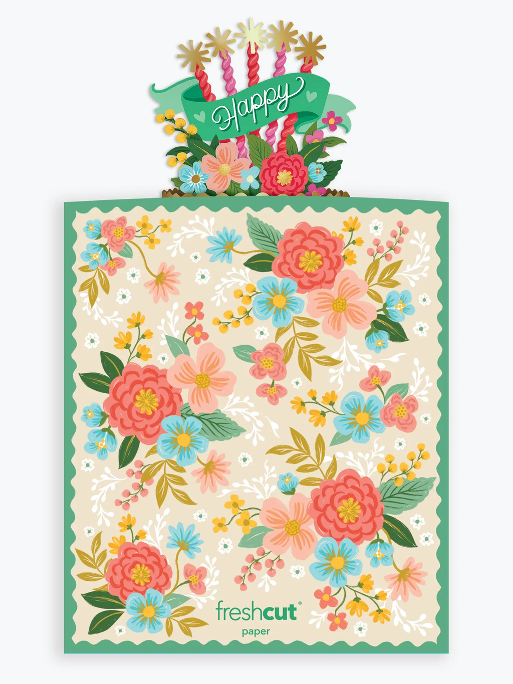 Blooming Birthday Cake Pop-Up - flat view showing FreshCut Paper design